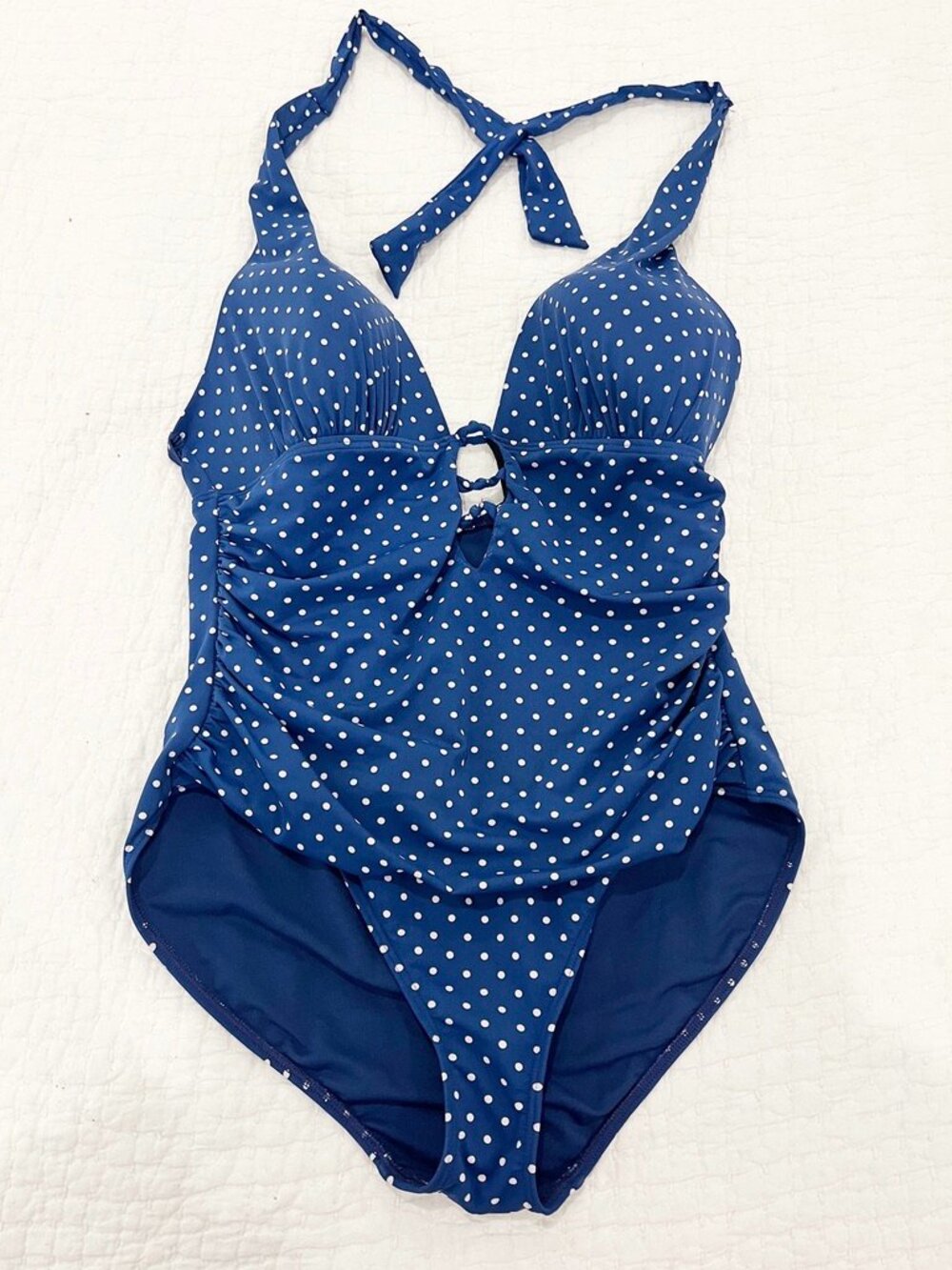 Lauren Ralph Lauren One Piece Swimsuit 16 Navy White Polka Dot Halter Tie Padded